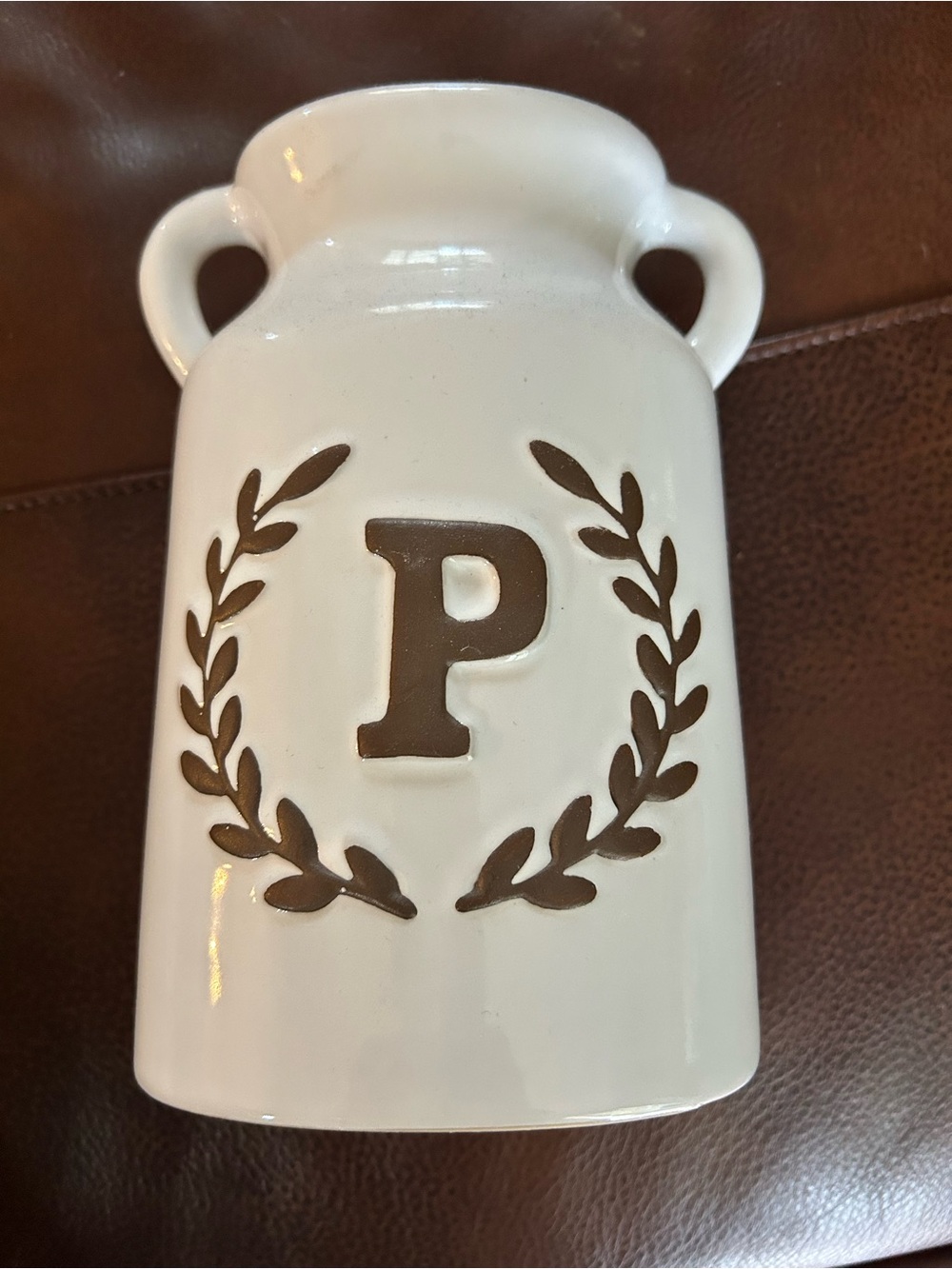 White Ceramic Monogram Vase with Brown Laurel P